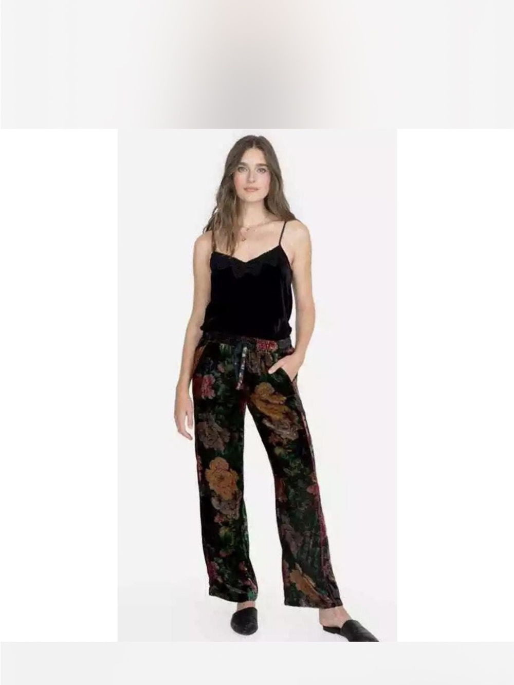 Johnny Was Black Velvet Wide-Leg Floral Pants